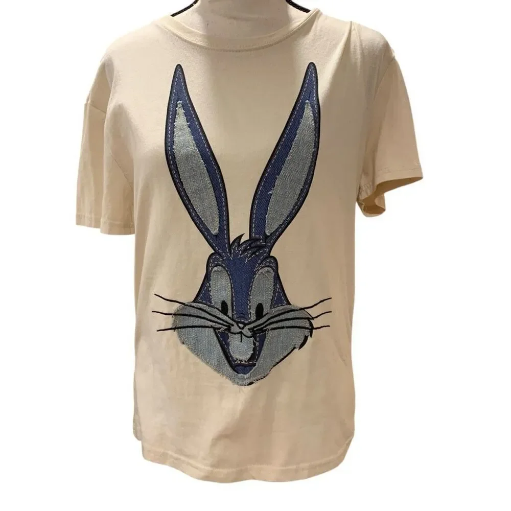 Looney Tunes Vintage  Bugs Bunny Embroidered Denim Off-White T-Shirt Women Small